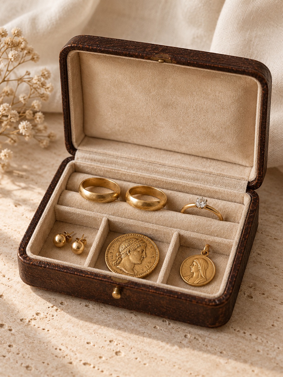 Porta-joias com alianças, anel solitário, brincos, moeda e medalha de ouro